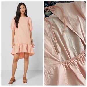 Topshop Poplin Ruffle Peach Hi-Low Hem Puff Sleeve Back Cutout Mini Dress 6